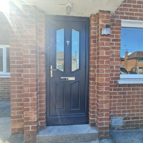 close-up of black front door